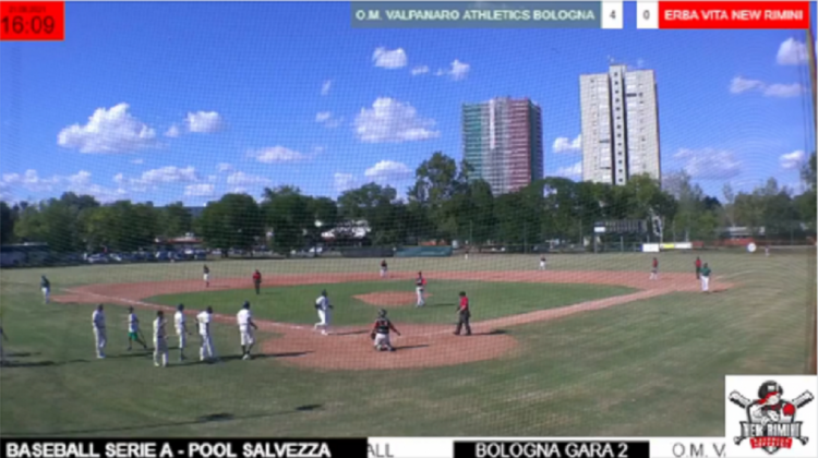Un’immagine di Icaro TV mentre trasmette gli incontri tra OM Valpnaro Athletics Bologna e New Rimini Erba Vita del Campionato Italiano di Serie A di Baseball 2021